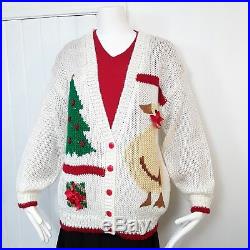 VINTAGE Womens Hand Knit Cardigan Sweater Goose Trees Ugly Christmas Sz 18 XL