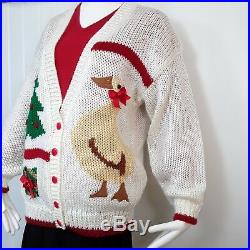VINTAGE Womens Hand Knit Cardigan Sweater Goose Trees Ugly Christmas Sz 18 XL
