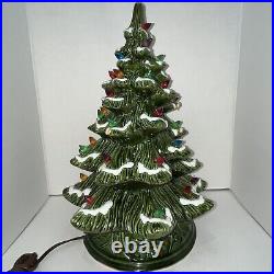 VTG 16 Green Ceramic Flocked Light Up Christmas Tree Lamp Decor Working READ