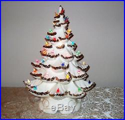 Vtg 18 Ceramic Lighted Music Bx White Christmas Tree Atlantic Mold Gold Flocked