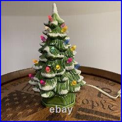 VTG 1967 Ceramic Snow Christmas Tree 11 Tall Green And White Complete Tested