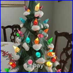 VTG 1970s Atlantic Mold Ceramic Christmas Tree 19 Green Glaze Snow Working Ok