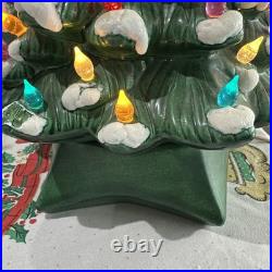 VTG 1970s Atlantic Mold Ceramic Christmas Tree 19 Green Glaze Snow Working Ok