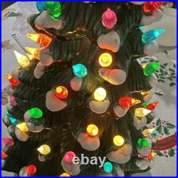 VTG 1970s Atlantic Mold Ceramic Christmas Tree 19 Green Glaze Snow Working Ok