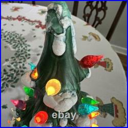 VTG 1970s Atlantic Mold Ceramic Christmas Tree 19 Green Glaze Snow Working Ok