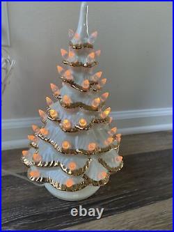 VTG 1984 White Ceramic Christmas Tree With Gold Trim 13 Tall