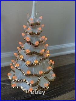 VTG 1984 White Ceramic Christmas Tree With Gold Trim 13 Tall