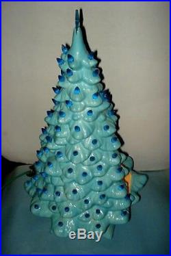 VTG 21 Holland Mold Ceramic Xmas Tree Light Blue Decorated with Nativity Diorama
