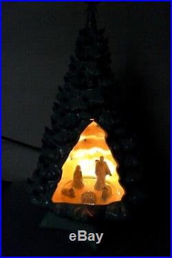 VTG 21 Holland Mold Ceramic Xmas Tree Light Blue Decorated with Nativity Diorama