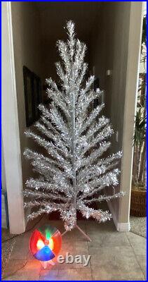VTG 7' Aluminum Christmas Tree Sparkler Pom Pom 103 Branches Working Color Wheel