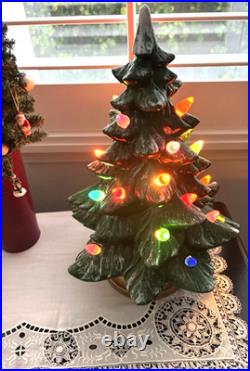 VTG'70s Atlantic Mold Ceramic Christmas Tree Gold Plaster Base 16 Flocked Top