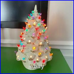 VTG 70s Ceramic Christmas Tree Light Up 14 with Stand 2 Piece Cramer Mold White