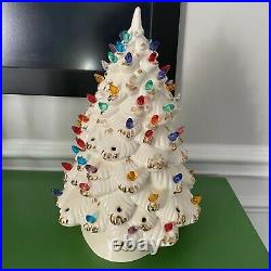 VTG 70s Ceramic Christmas Tree Light Up 14 with Stand 2 Piece Cramer Mold White