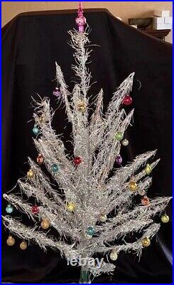 VTG Aluminum Christmas Tree 4', Taper In Box, 43 Ornaments, Some Mercury 50-60s