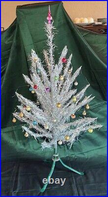 VTG Aluminum Christmas Tree 4', Taper In Box, 43 Ornaments, Some Mercury 50-60s