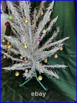 VTG Aluminum Christmas Tree 4', Taper In Box, 43 Ornaments, Some Mercury 50-60s