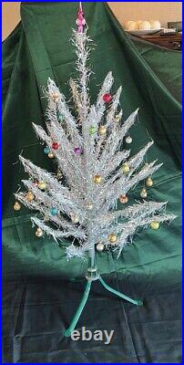 VTG Aluminum Christmas Tree 4', Taper In Box, 43 Ornaments, Some Mercury 50-60s