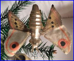 VTG Antique Moth Butterfly Christmas Tree Clip Ornament Silk Wings Glass