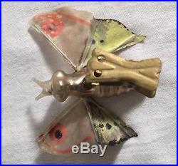 VTG Antique Moth Butterfly Christmas Tree Clip Ornament Silk Wings Glass