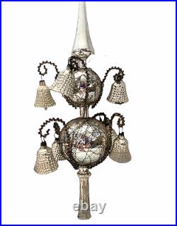 VTG Antique Wire Wrapped 2 Tier Mercury Glass Tree Topper Germany with 7 Bells