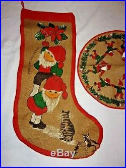 VTG Burlap Christmas Stockings & Tree Skirt Swedish Elf Gnome Sweden Nisse Tomte