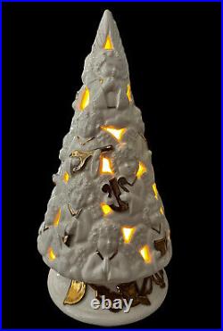 VTG Ceramic Christmas Tree Cherub Angels Lighted White Gold Scioto Mold withBase