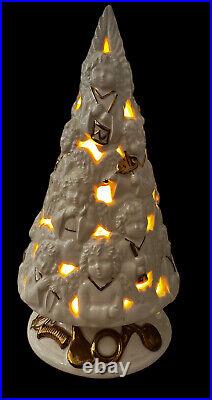 VTG Ceramic Christmas Tree Cherub Angels Lighted White Gold Scioto Mold withBase