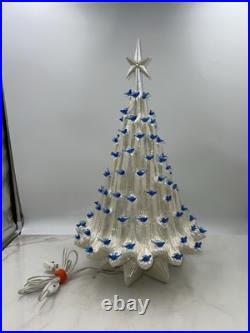 VTG Ceramic Lava Christmas Tree Opalescent White Blue Birds Doves 21 Tall Works