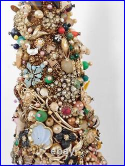 VTG Christmas Tree Made of Costume Jewelry Jeweled Hand Made Art