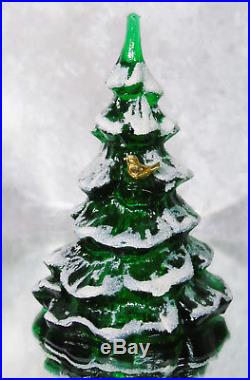 VTG Fenton Green Glass Snow Frosted CHRISTMAS TREE 6.5 Gold Cardinal Bird Tags