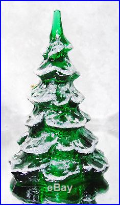 VTG Fenton Green Glass Snow Frosted CHRISTMAS TREE 6.5 Gold Cardinal Bird Tags
