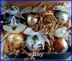 VTG NEW Past Times CAT Glass LARGE CHRISTMAS TREE BAUBLES X 6 Boxed RARE RETRO