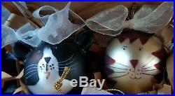 VTG NEW Past Times CAT Glass LARGE CHRISTMAS TREE BAUBLES X 6 Boxed RARE RETRO