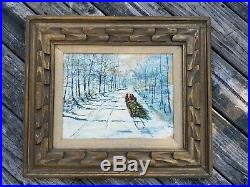 VTG Original Mid-Century Framed Oil Painting WINTER/Sleigh/Christmas Tree/Horses