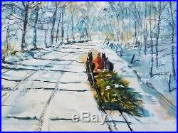 VTG Original Mid-Century Framed Oil Painting WINTER/Sleigh/Christmas Tree/Horses
