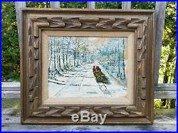 VTG Original Mid-Century Framed Oil Painting WINTER/Sleigh/Christmas Tree/Horses