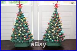 VTG Pair 18.5 Large Ceramic Lighted Christmas Trees Thin Tree Peg Light Tall