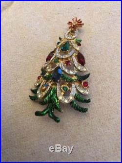 VTG SIGNED HATTIE CARNEGIE GOLDTONE Christmas Tree BROOCH PIN Rhinestones