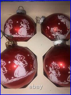 VTG Shiny Brite Angels w Candles Red XMAS Tree Ornaments White Mica Stencil Box