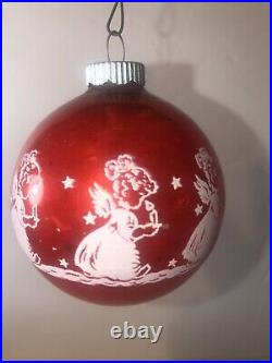 VTG Shiny Brite Angels w Candles Red XMAS Tree Ornaments White Mica Stencil Box