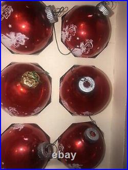 VTG Shiny Brite Angels w Candles Red XMAS Tree Ornaments White Mica Stencil Box