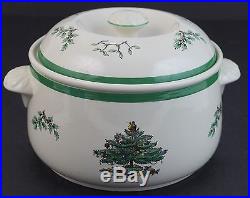 VTG Signed Spode Christmas Tree Green Trim 3 Qt Round Casserole Dish With Lid