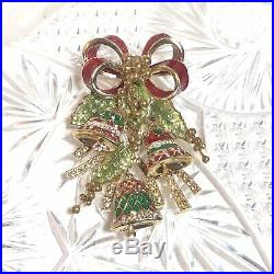 VTG St. John Christmas Tree Bells Brooch Pin Massive Statement Rhinestone Enamel
