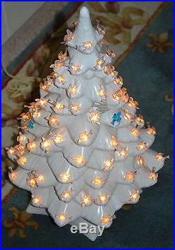 Vtg White Ceramic Lighted 20 Christmas Tree Snow Tipped Branches, Birds & Bulbs
