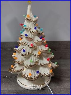 VTG White Ceramic Christmas Tree With Gold Trim 18 Tall