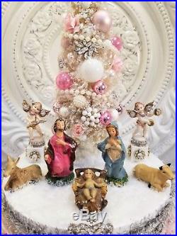 VTG nativity CHRISTMAS box bottle brush tree figurine rhinestone ornaments JESUS