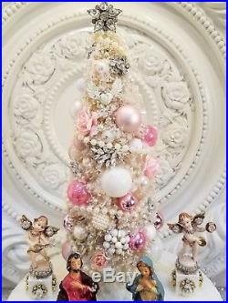 VTG nativity CHRISTMAS box bottle brush tree figurine rhinestone ornaments JESUS