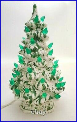 Vintage 10.5 Electric Lighted Ceramic Christmas Tree White & Green Xmas Decor
