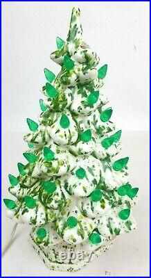 Vintage 10.5 Electric Lighted Ceramic Christmas Tree White & Green Xmas Decor