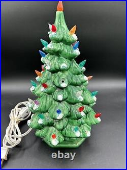 Vintage 11.5 Ceramic Christmas Tree Green With Snow and Lights